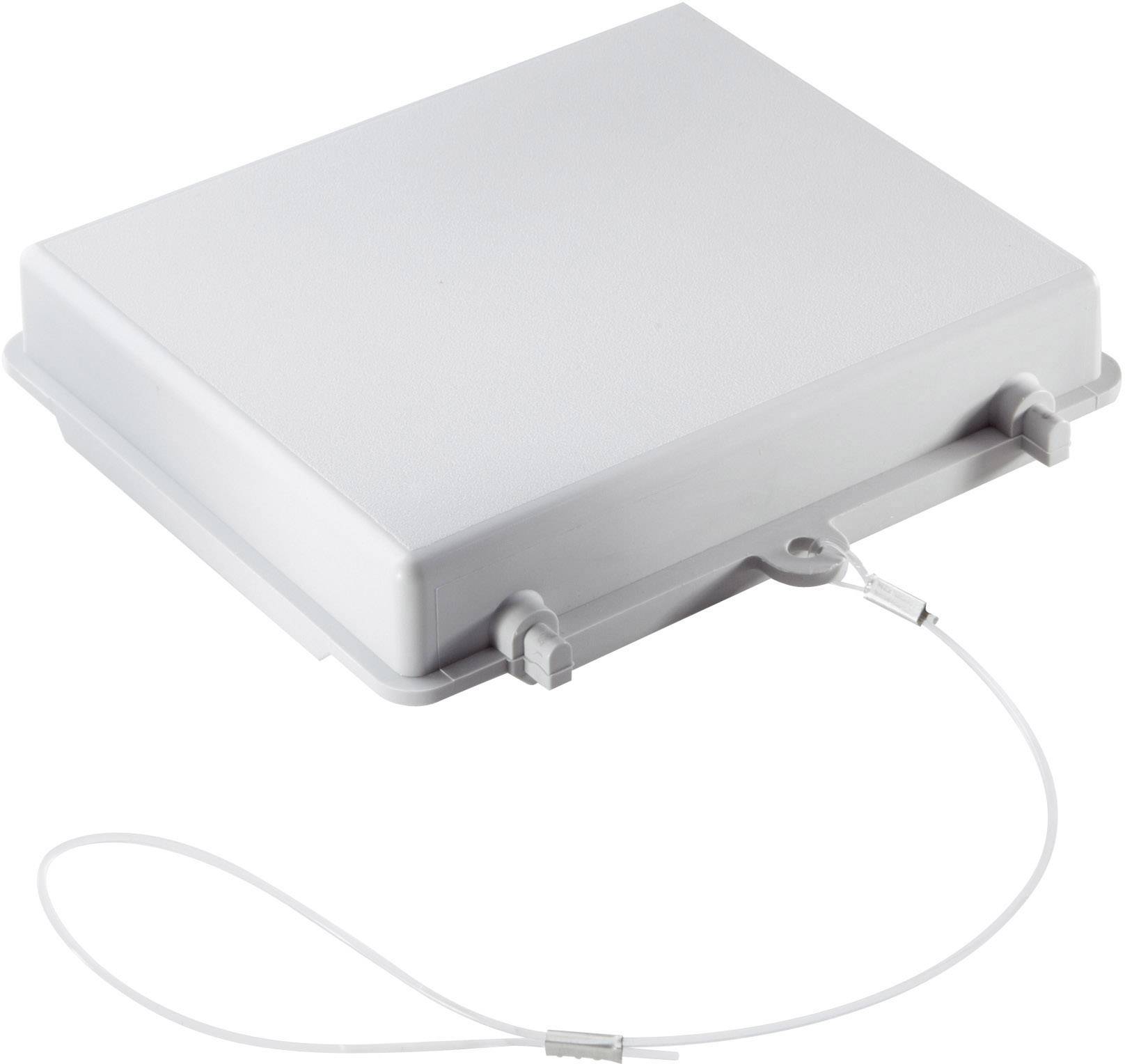 Ein grauer, rechteckiger Sicherungskasten aus Kunststoff mit einem angeschlossenen Draht, vermutlich zur Befestigung oder Erdung.