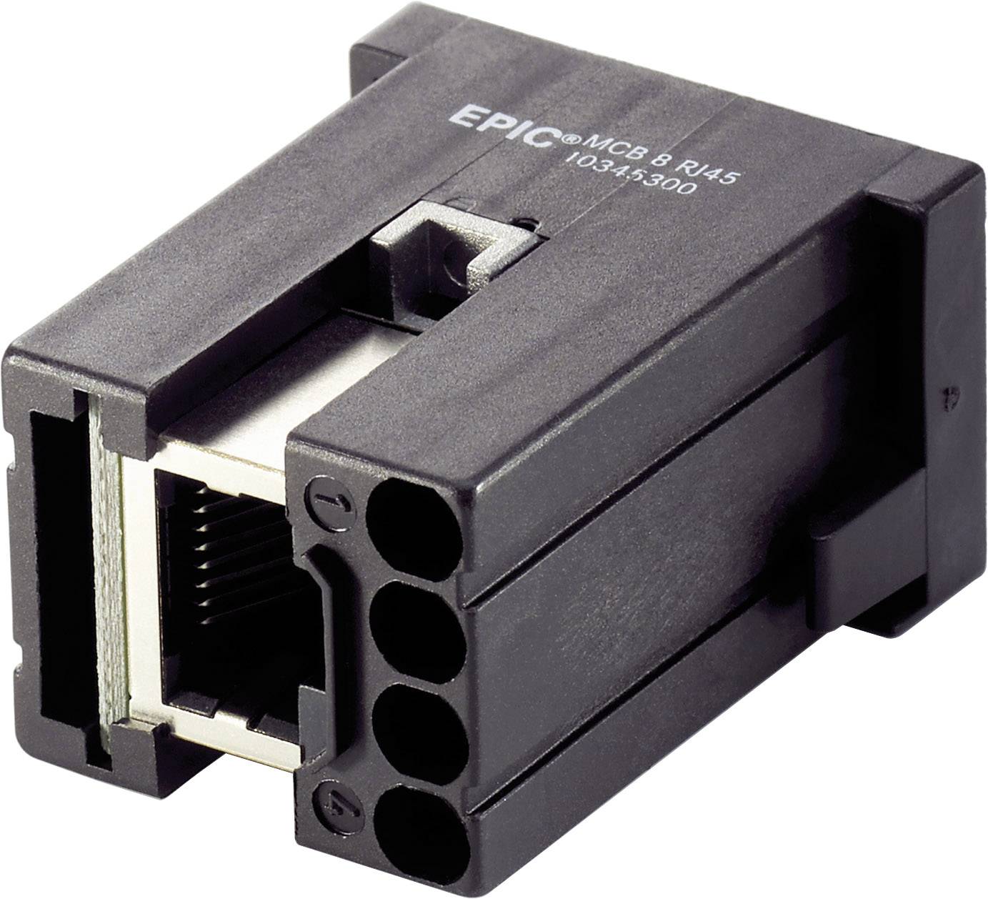 'EPIC MCCB 8 RJ45' Steckverbindung mit sechspoliger Buchse, geeignet für industrielle Anwendungen. Schwarzes Kunststoffgehäuse.