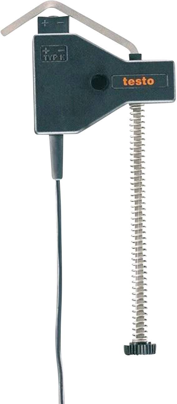 Temperaturfühler von Testo mit Kabel, geeignet zur Messung an Rohren. Geräteoberfläche zeigt Plus- und Minus-Symbole.