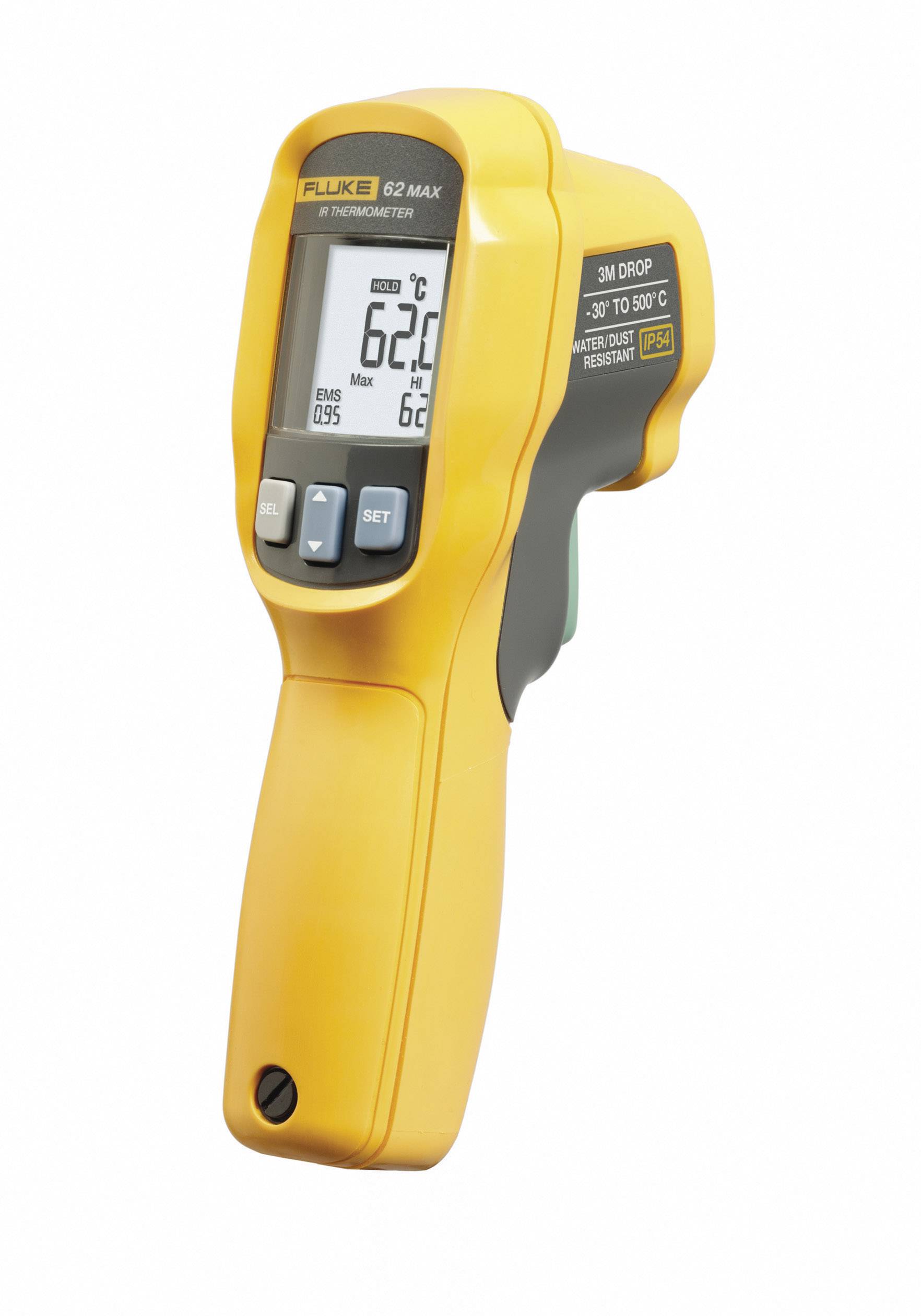 Ein gelbes Infrarot-Thermometer zeigt eine Temperatur von 62,0 Grad an. Es hat einen schwarzen Griff und Tasten zur Bedienung.