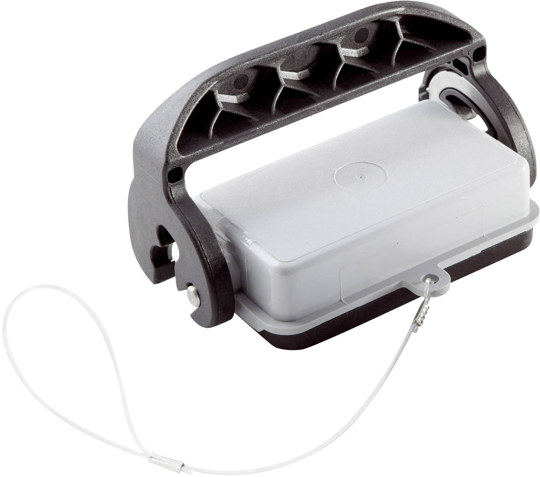 Tragbarer Koffergriff mit abnehmbarer transparent-weißer Schutzabdeckung und Sicherungskabel.