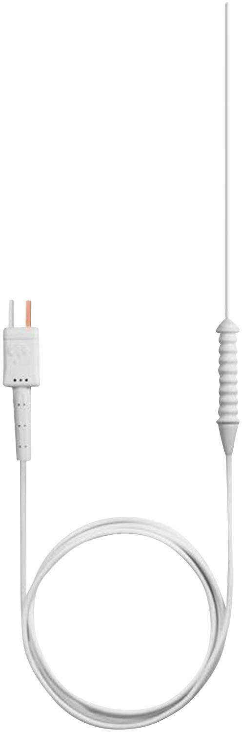 Weißes Elektrokabel mit Stecker, in voller Länge. Der Stecker hat zwei Metallkontakte, einer davon ist orange markiert.