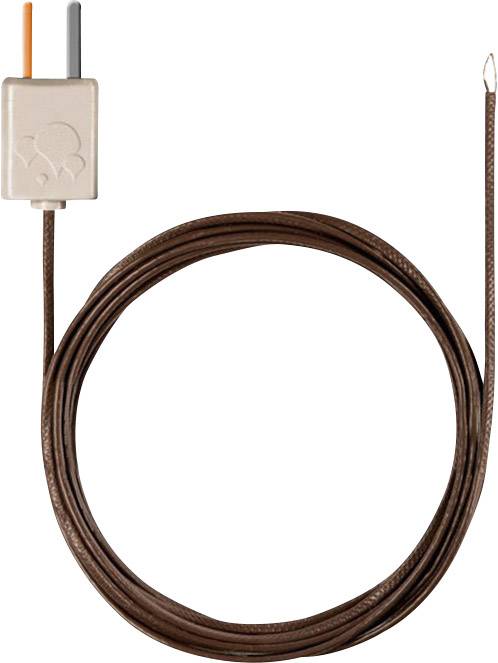 Ein brauner Temperaturfühler mit langen Kabeln, verbunden mit einem kleinen, beige-farbenen Stecker mit zwei Drahtanschlüssen.