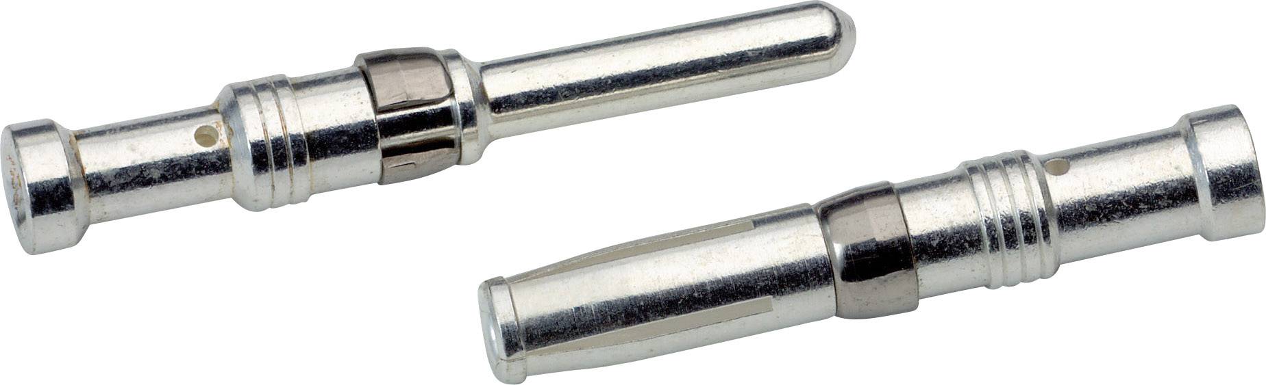 Zwei silberne Metallkontakte eines Steckverbinders, die nebeneinander liegen, mit leicht unterschiedlichen Formmerkmalen.