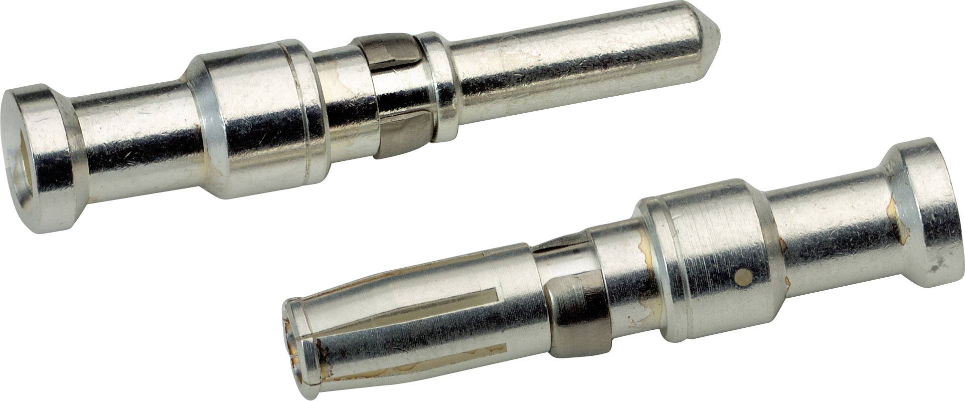 Zwei Metall-Stecker, die in elektronische Geräte oder Kabelverbindungen passen. Sie sind silbern und haben eine zylindrische Form.
