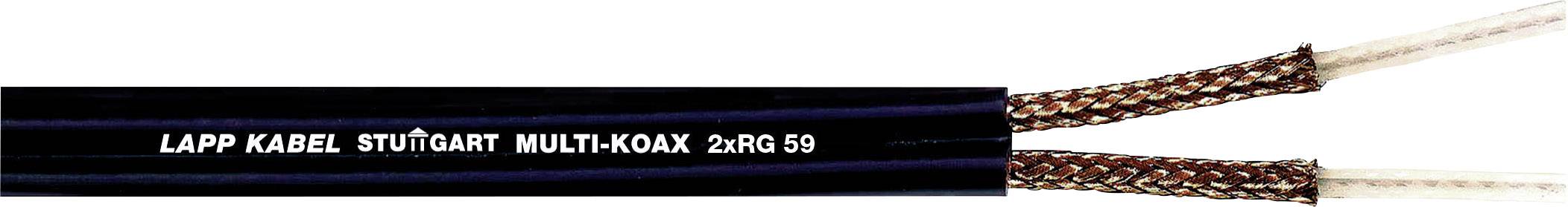 Ein schwarzes Kabel mit der Aufschrift 'Lapp Kabel Stuttgart Multi-Koax 2-RG 59' ist abgebildet, mit offenen Enden und geflochtenem Kupfermantel.