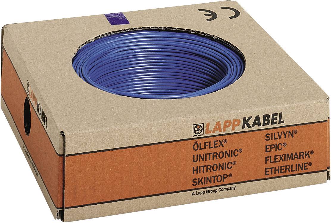 Blaue Kabelrolle in Kartonverpackung der Marke 'LAPP KABEL' mit verschiedenen Produktlinien, darunter 'ÖLFLEX' und 'UNITRONIC'.