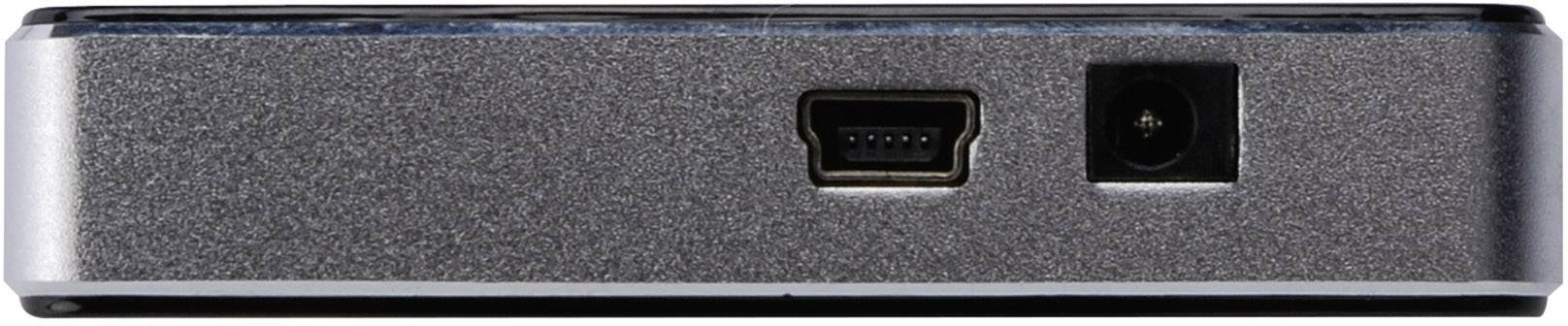 Rückseite einer externen Festplatte mit USB- und Stromanschluss.