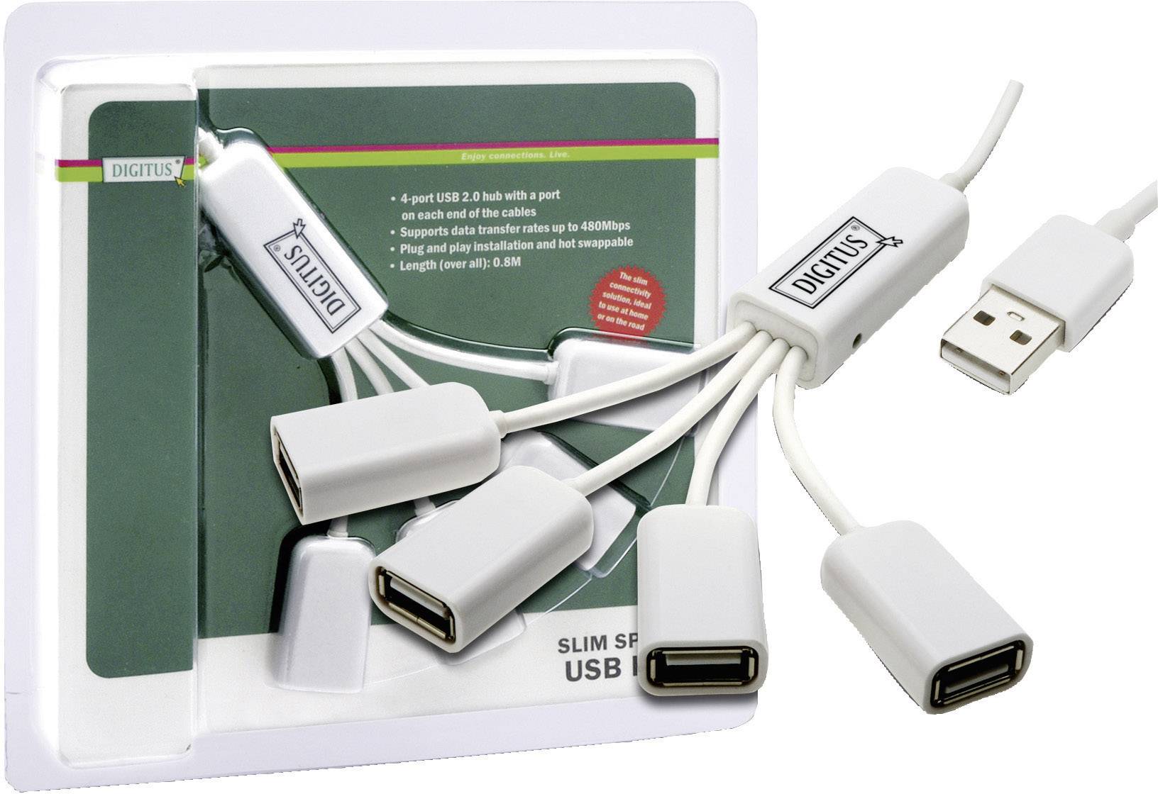 USB 2.0 Hub mit 4 Ports, jeweils mit Kabel, unterstützt Datentransfer bis zu 480 Mbit/s, Plug-and-Play, Länge ca. 0,60 m.
