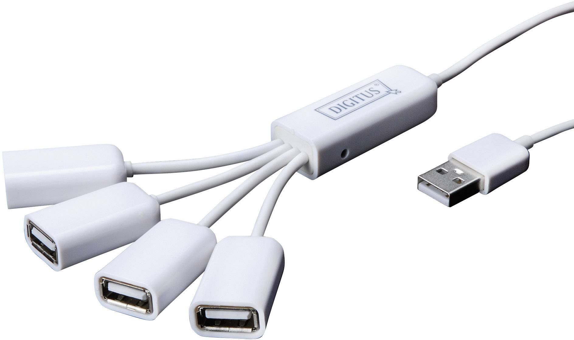 USB-Adapter mit vier Anschlüssen; ermöglicht den Anschluss mehrerer Geräte an eine USB-Buchse. Marke 'DIGITUS'.