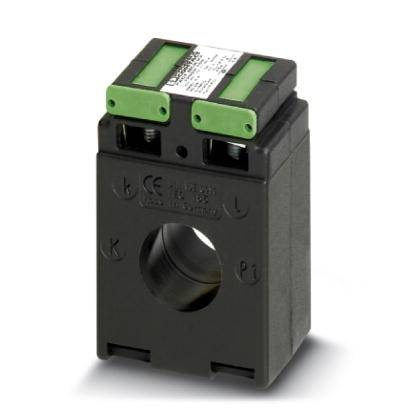 Ein elektrisches Bauteil mit grünlichen Anschlüssen und einem zentralen, kreisförmigen Loch, geeignet für industrielle Anwendungen.