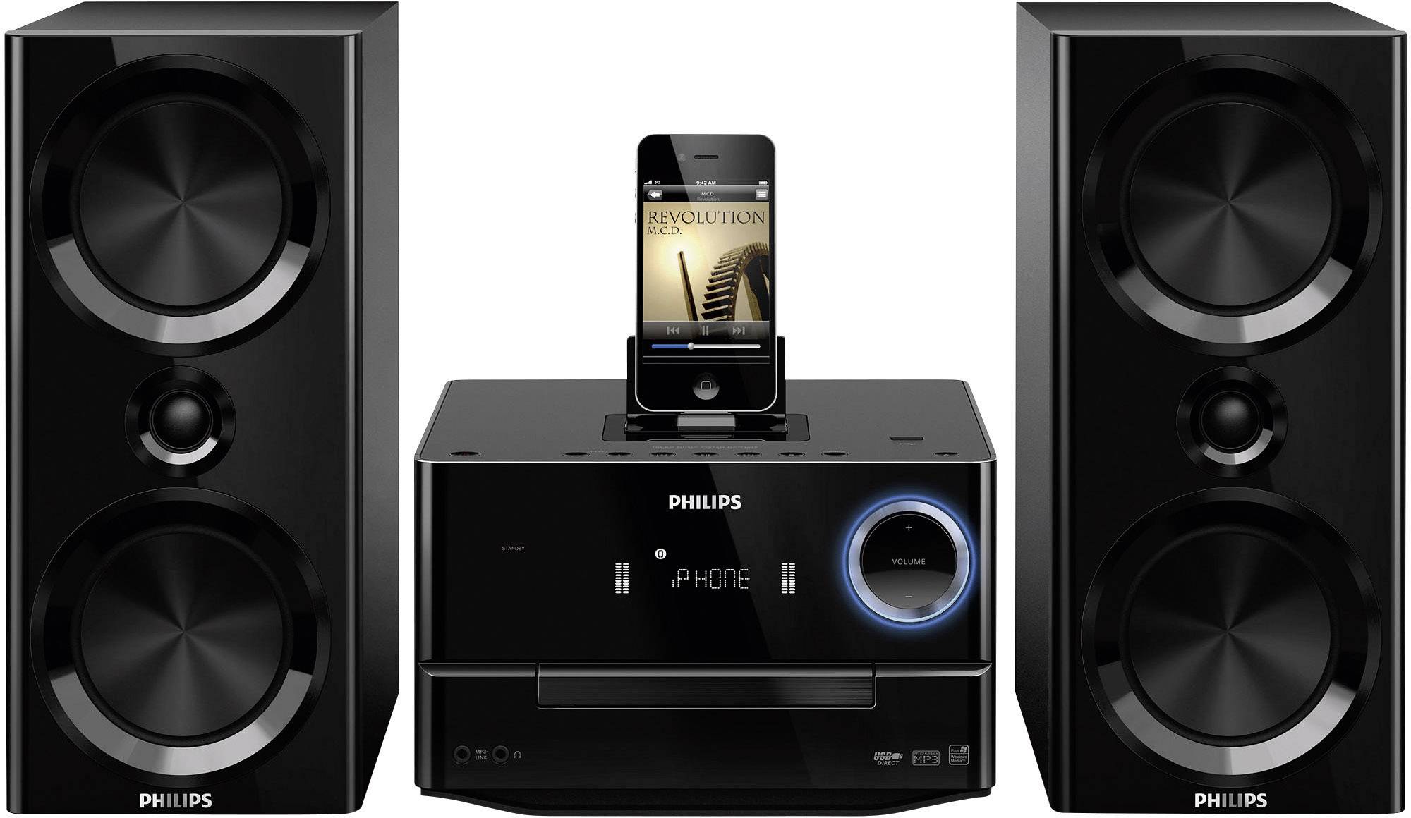 Philips DCM3020 Stereoanlage (CD-Player, iPod, iPhone, iPad, USB, AUX-In, UKW-Radio), Schwarz, 120 W RMS