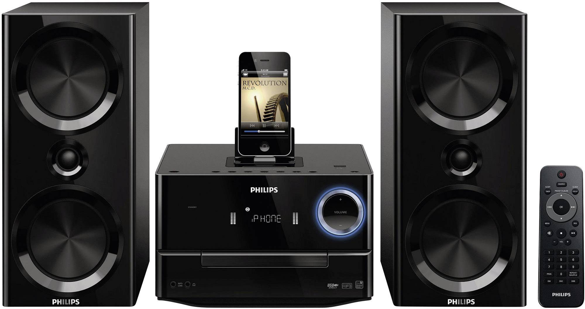 Philips DCM3020 Stereoanlage (CD-Player, iPod, iPhone, iPad, USB, AUX-In, UKW-Radio), Schwarz, 120 W RMS