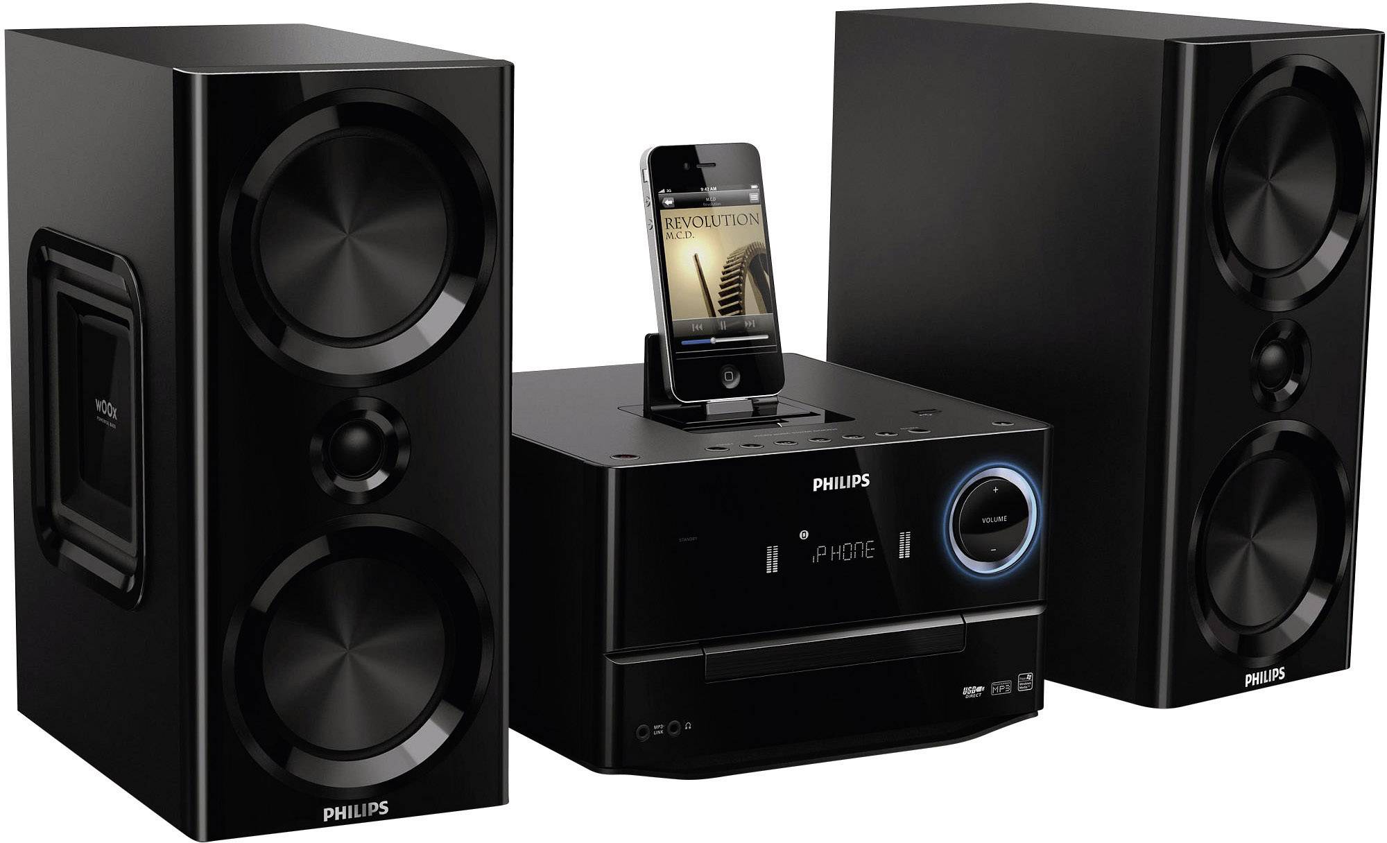 Philips DCM3020 Stereoanlage (CD-Player, iPod, iPhone, iPad, USB, AUX-In, UKW-Radio), Schwarz, 120 W RMS