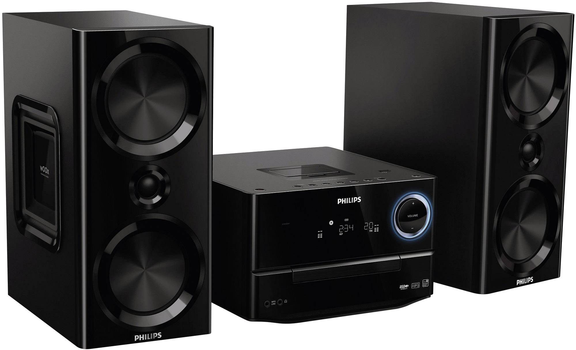 Philips DCM3020 Stereoanlage (CD-Player, iPod, iPhone, iPad, USB, AUX-In, UKW-Radio), Schwarz, 120 W RMS