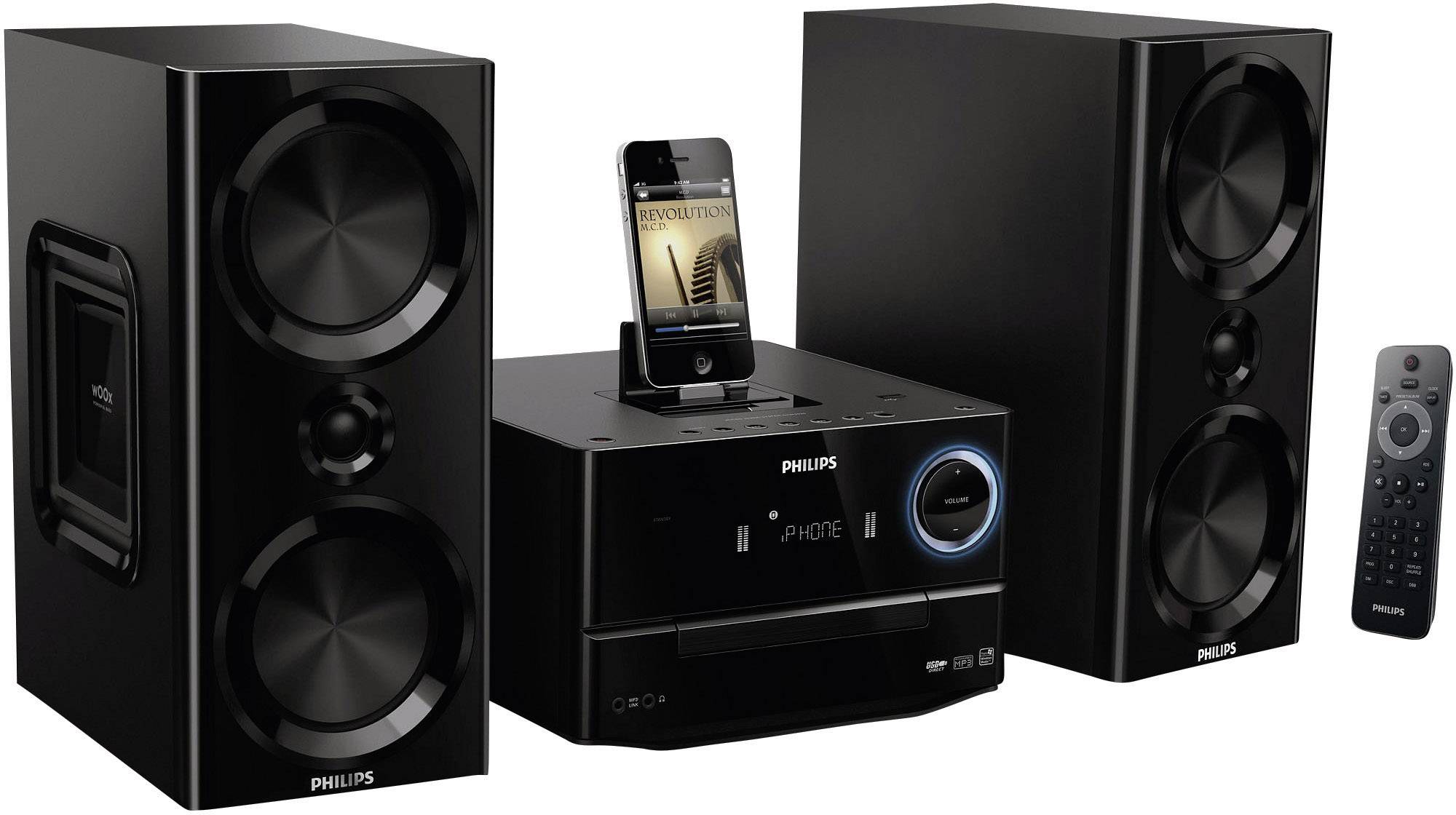 Philips DCM3020 Stereoanlage (CD-Player, iPod, iPhone, iPad, USB, AUX-In, UKW-Radio), Schwarz, 120 W RMS