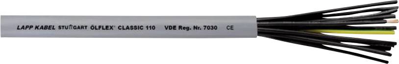 Ein graues Kabel namens 'LAPP KABEL ÖLFLEX CLASSIC 110' mit mehreren schwarzen Adern und einem gelb-grünen Draht.