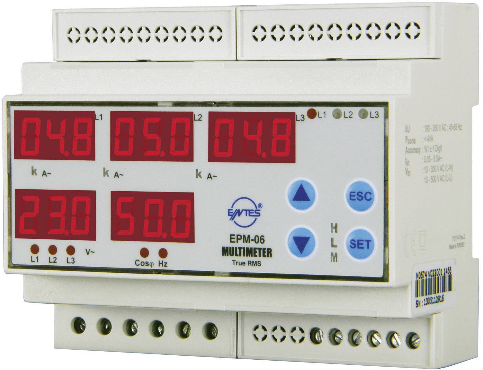 Digitales Multimeter mit roten LED-Anzeigen für Spannung und Strom. Zeigt Werte: 48, 50, 48 (Strom) und 230, 50 (Spannung). Tasten für Menüeinstellungen.