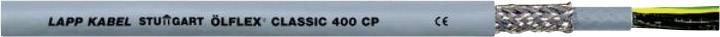 graues Kabel mit Aufschrift 'LAPP KABEL ÖLFLEX CLASSIC 100 CY' und CE-Zeichen, zeigt Kabelaufbau mit Metallgeflecht und farbigen Adern.
