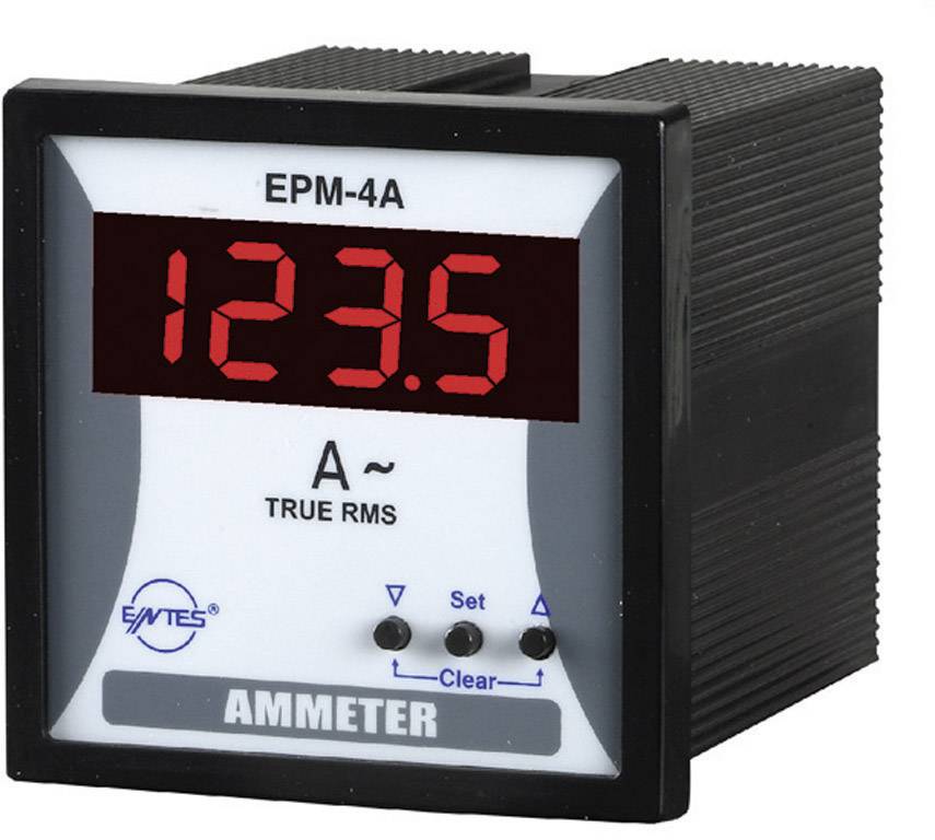 Digitales Amperemeter mit roter Anzeige, zeigt '123.5 A'. Markierung 'EPM-4A TRUE RMS', Tasten 'Set', 'Clear', und Elnetes-Logo.