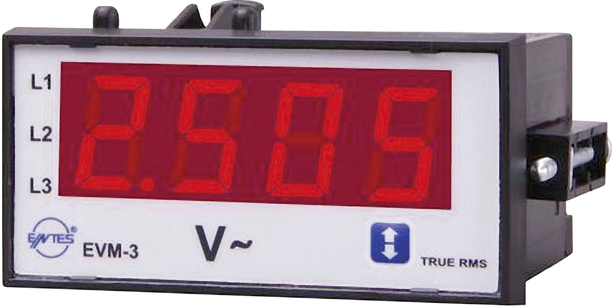 Ein digitales Voltmeter mit roter Anzeige zeigt den Wert '2505' an. Markierungen L1, L2, L3 und ein Symbol für Wechselspannung sind sichtbar.