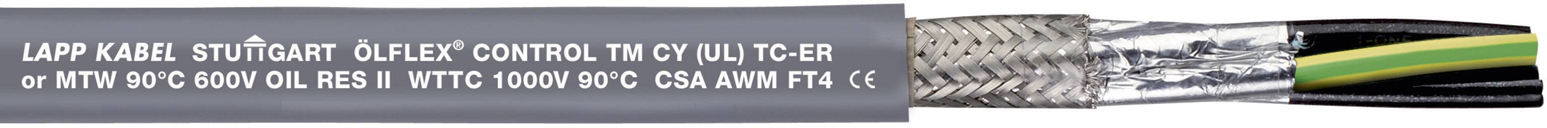 Mehradriges Steuerkabel mit Beschriftung 'OLFLEX CONTROL TM'. Kabelaufbau zeigt Abschirmung und farbige Innenleiter.