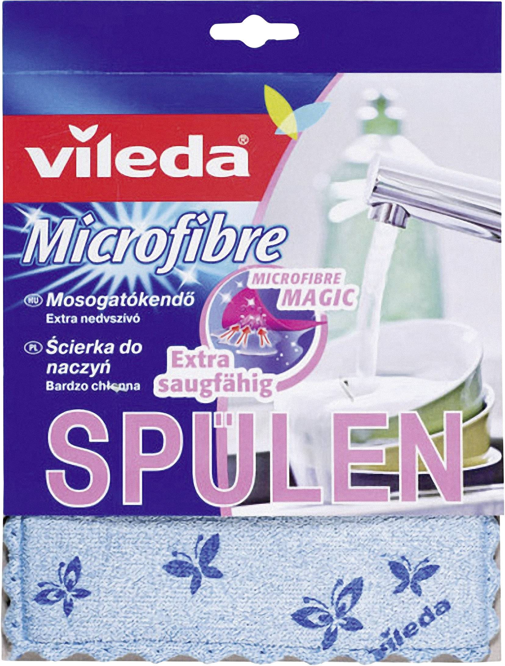 Verpackung eines blauen Vileda Mikrofasertuchs zum Spülen. Text: 'Extra saugfähig'. Bild eines Wasserhahns im Hintergrund.
