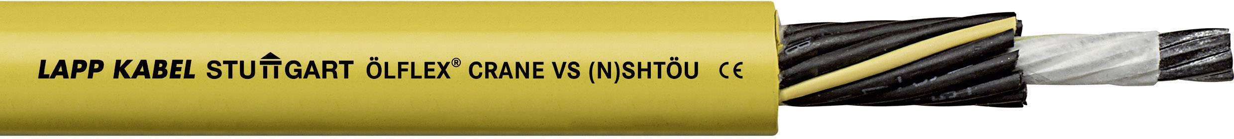 Gelbes Kabel mit Aufschrift 'LAPP KABEL STUTTGART ÖLFLEX® CRANE VS INSPIROU®'. Das Kabel zeigt eine schwarze Ummantelung und Drähte.