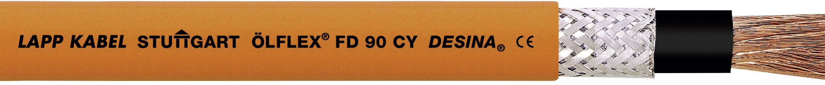 Ein oranges Kabel mit der Aufschrift 'LAPP KABEL STUTTGART ÖLFLEX FD 90 CY DESINA', zeigt außen die Schutzisolierung und innen die Drahtlitzen.
