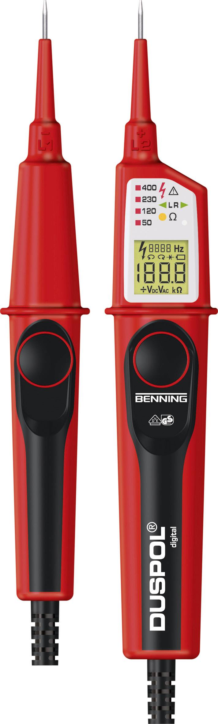 Zwei rote Spannungsprüfer mit Display. Zeigen verschiedene elektrische Messwerte an. Markenname 'BENNING' sichtbar.