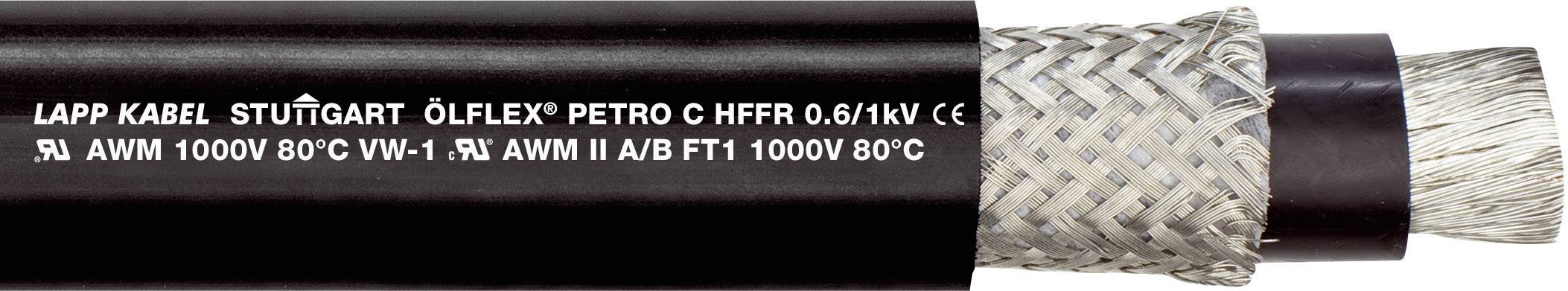 Schwarzes, texturiertes Kabel mit der Aufschrift 'LAPP KABEL STUTTGART ÖLFLEX PETRO C HFFR 0.6/1KV'. Leitungsdetails und Spezifikationen sichtbar.