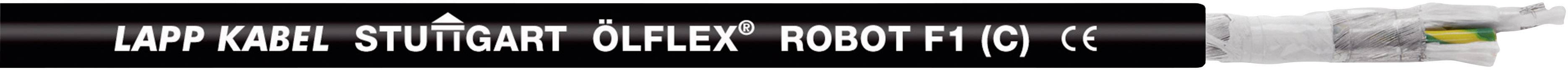 Schwarzes Kabel mit weißem Text 'LAPP KABEL STUTTGART ÖLFLEX® ROBOT F1 (C) CE' und einem metallisch silbernen Anschluss.