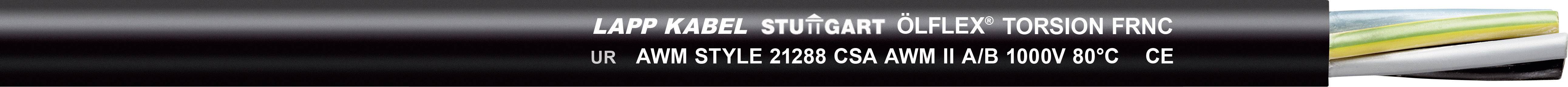 'Printed Kabel 5G-TCK P1 C3 A DB' auf einem schwarzen Kabel mit bunten Streifen rechts.