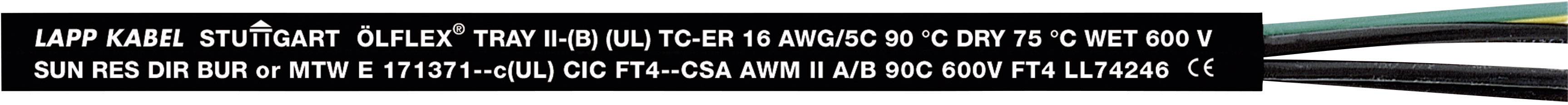 Schwarzes Kabel mit Aufschrift 'LAPP KABEL ÖLFLEX TRAY II UL', gefolgt von technischen Spezifikationen und Zertifizierungen.