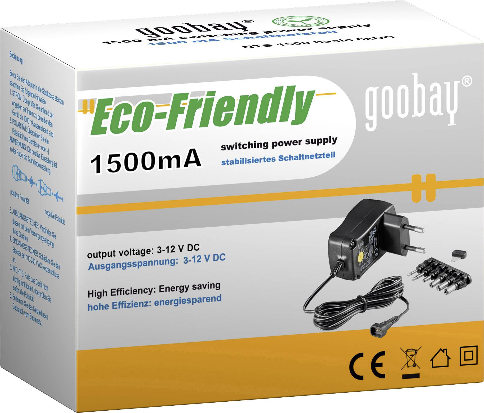 Goobay 67952 Steckernetzteil, einstellbar 3 V/DC, 4.5 V/DC, 5 V/DC, 6 V/DC, 7.5 V/DC, 9 V/DC, 12 V/DC 1500mA 18W