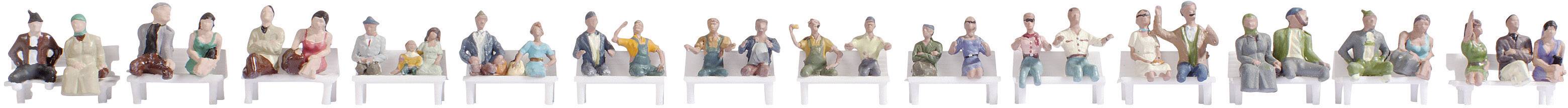 Eine Reihe von farbenfrohen Figuren, die in einer Linie auf Stühlen sitzen, jede mit unterschiedlichen Körperhaltungen und Outfits.