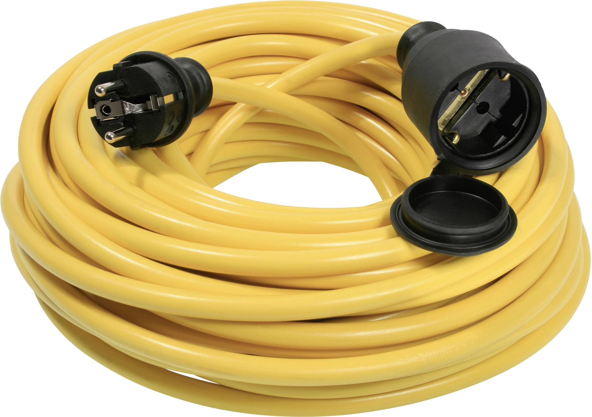 Gelbes Verlängerungskabel mit Steckdosenadapter, aufgewickelt zusammen mit einem abnehmbaren Schutzdeckel auf dem Stecker.