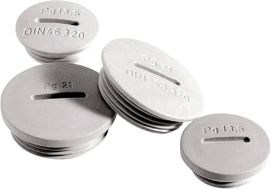 Vier graue Verschlussschrauben aus Kunststoff mit Prägung 'Pg 13.5' und 'Pg 21' sowie 'DIN 46320', in verschiedenen Größen angeordnet.