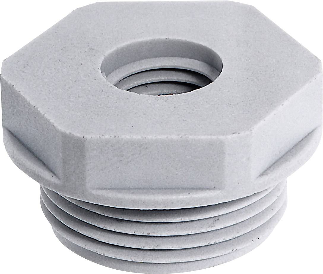 Eine graue, sechseckige Kunststoffschraubreduzierung mit einem Innengewinde. Geeignet für den Einsatz in Rohrsystemen.