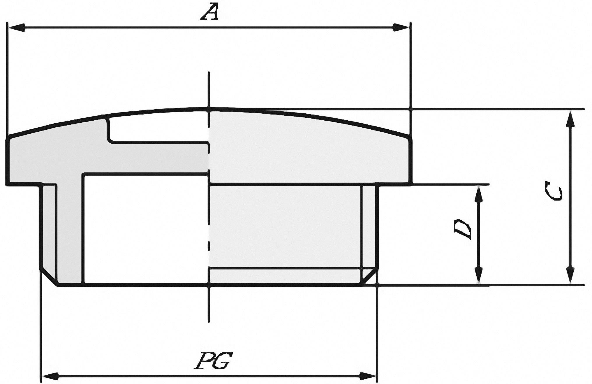 Technische Zeichnung einer Metallkappe mit Bemaßungen: Breite 'A', Tiefe 'D', Höhe 'C'. Zeigt die Form und Maße für Fertigung.
