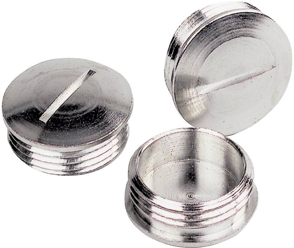 Drei silberne, runde Schraubkappen aus Metall, zwei liegen flach und eine steht aufrecht. Sie haben ein Schlitzdesign auf der Oberseite.