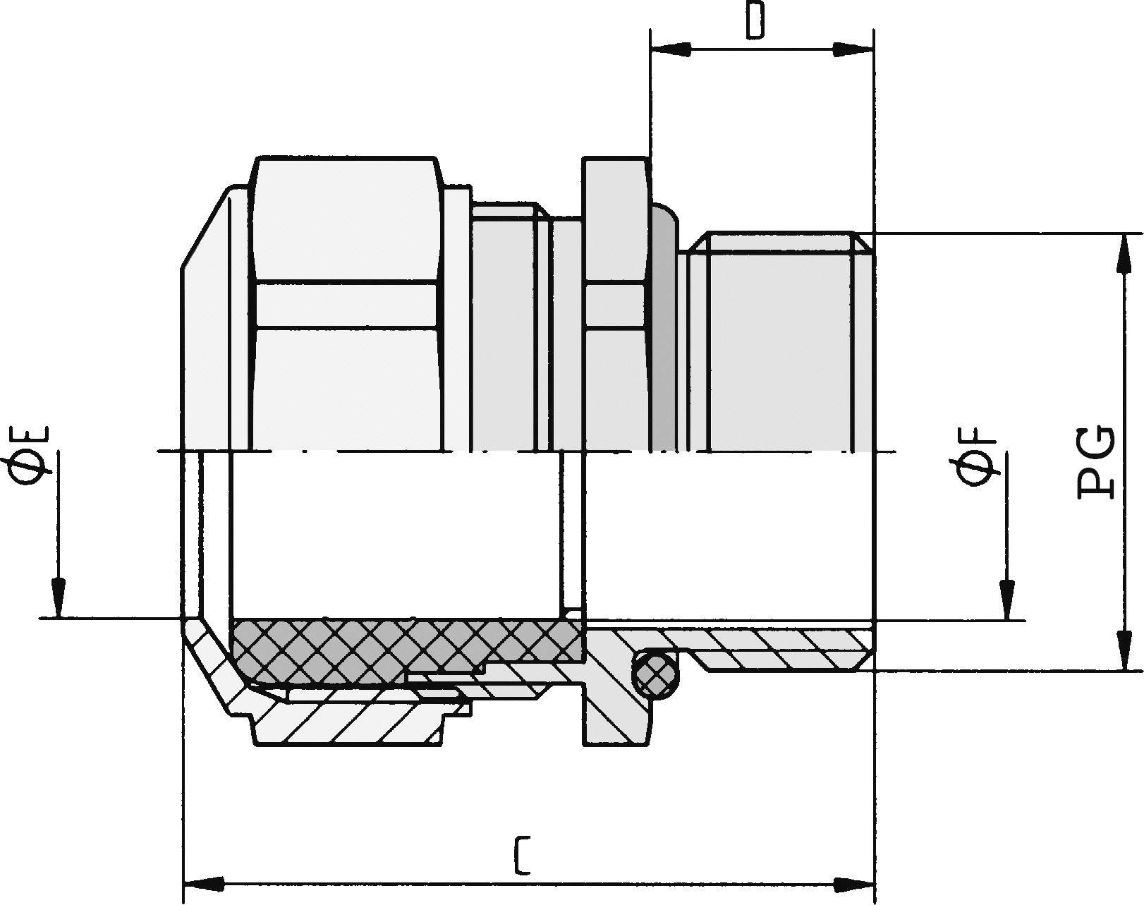 Technische Zeichnung eines Steckverbinders mit Durchmessern (ΦE, ΦF) und Abmessungen (D, PG, C), zeigt Profilansicht.