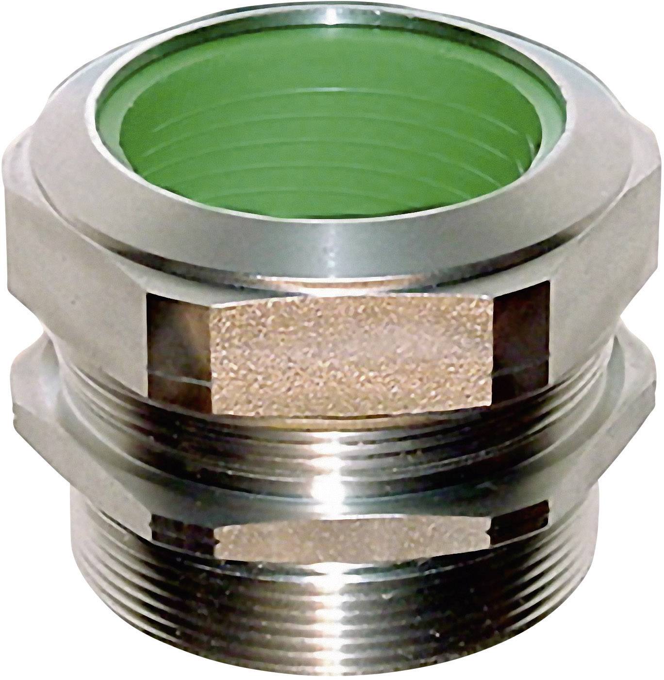 Metallische Verschraubung mit grünem Innengewinde, verwendet für Rohrverbindungen.