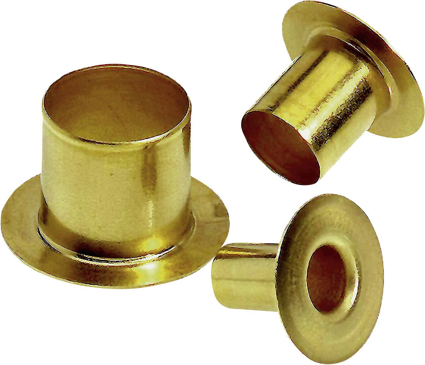 Drei goldene Metallhülsen in verschiedenen Ansichten, liegend und stehend, mit breitem Rand und offenem Ende.