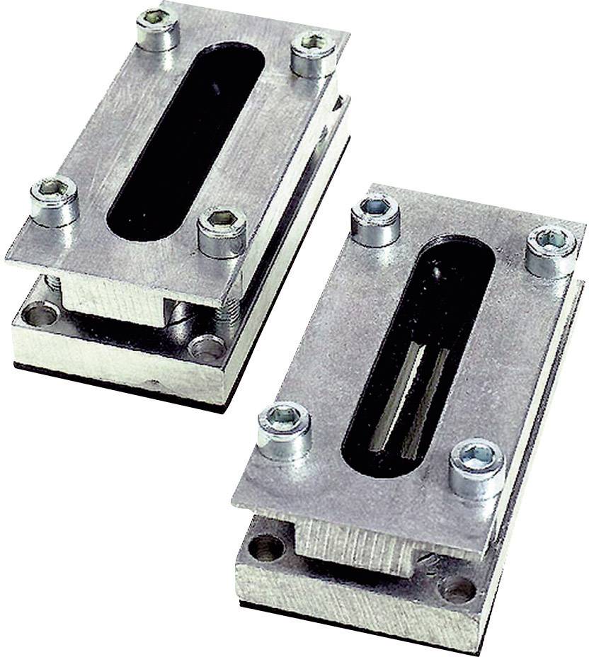 Zwei rechteckige Metallplatten mit ovalen Öffnungen, verbunden durch Schrauben.