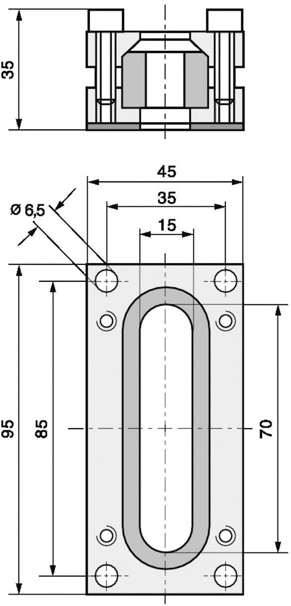 Technische Zeichnung einer rechteckigen Halterung mit Maßen: Länge 95 mm, Breite 45 mm, Lochdurchmesser 6,5 mm.