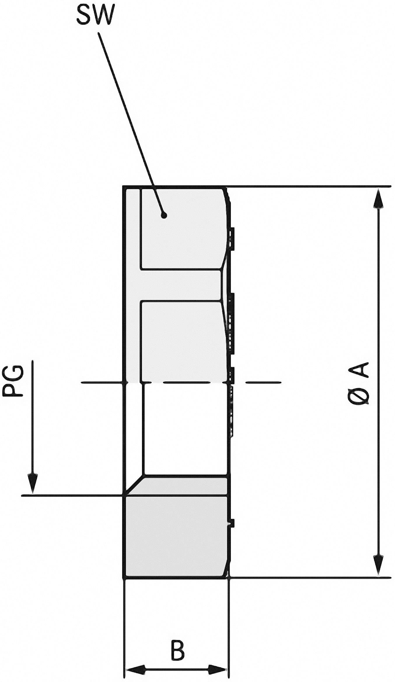 Technische Zeichnung eines zylindrischen Objekts mit Markierungen: 'SW', 'PG', 'B', 'Ø A'. Zeigt Maße und Gewindebereiche.