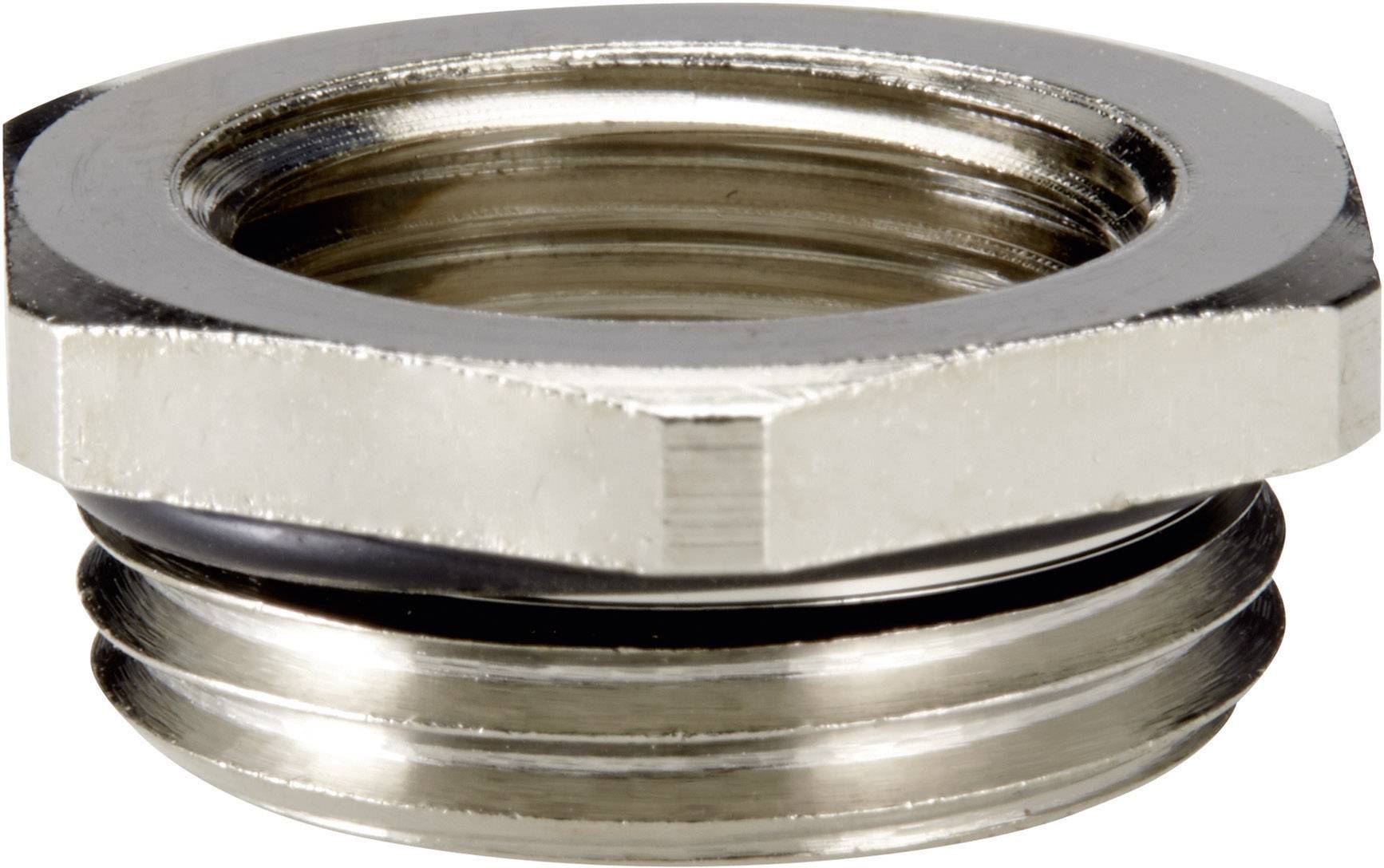 Ein silbernes, metallisches Gewindeteil mit sechskantiger Mutter, das wahrscheinlich zur Verbindung von Rohren oder Schläuchen dient.