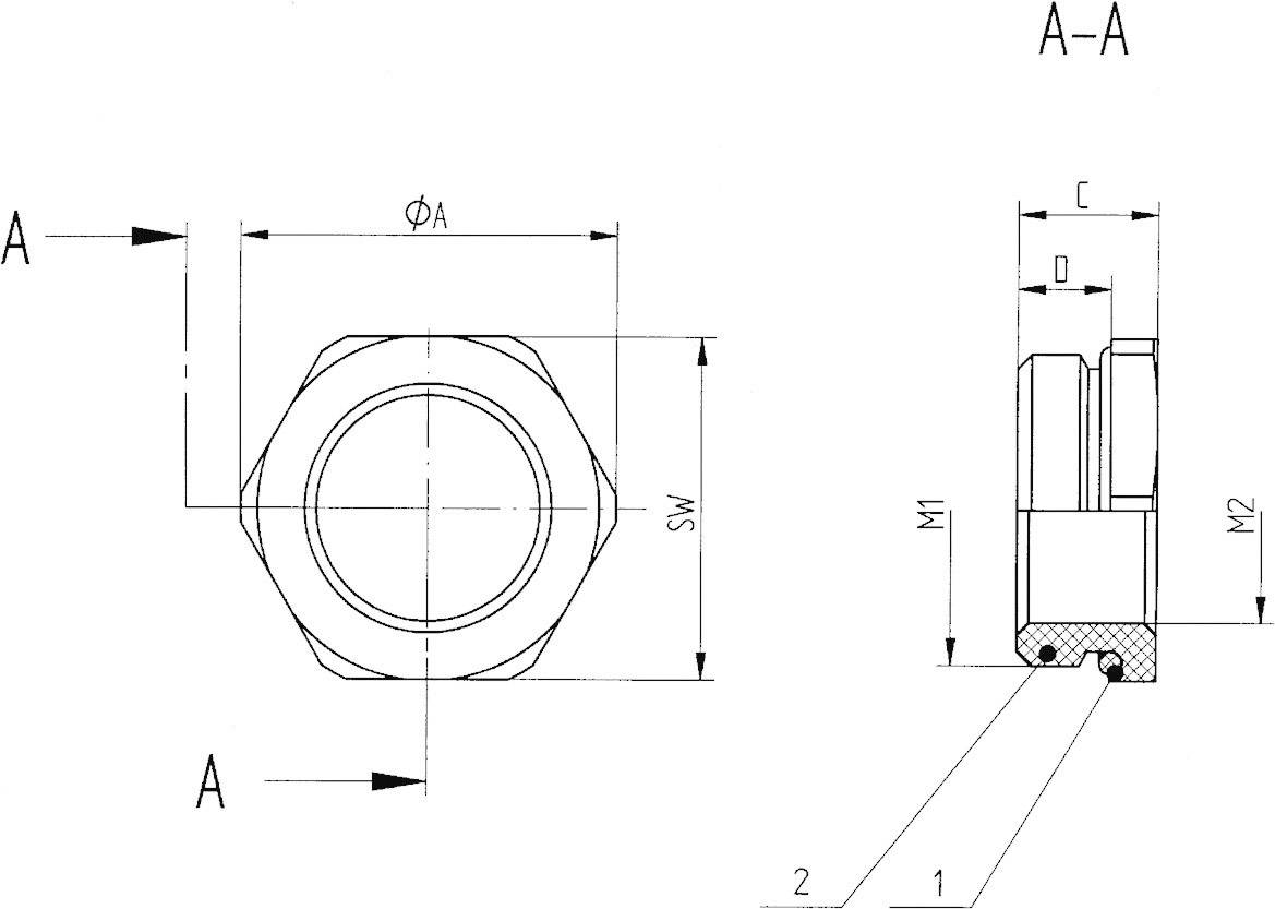 Technische Zeichnung einer Sechskantmutter. Details enthalten Maße und Schnittansicht. Hauptmaße sind ΦA, SW, M1, M2.