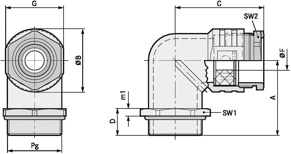 Technische Zeichnung eines Winkelfittings mit Abmessungen und Spezifikationen. Zeigt zwei Ansichten: Vorder- und Seitenansicht mit Maßen.